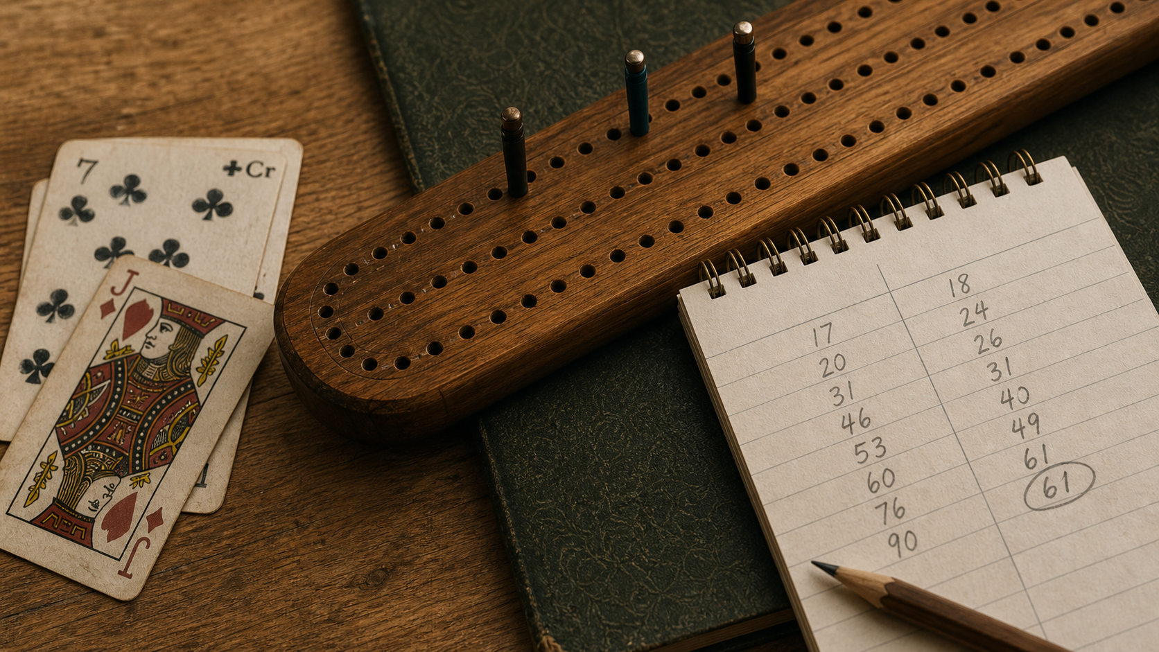 Cribbage board, cards, and handwritten score pad