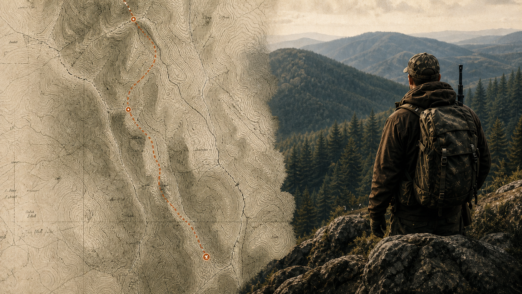 Topographic route beside a hunter overlooking mountain terrain